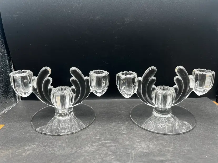 #456B Pair Of Vintage Heisey Crystolite 3 Light Taper Candlestick Holder/Candelabras Clear Glass