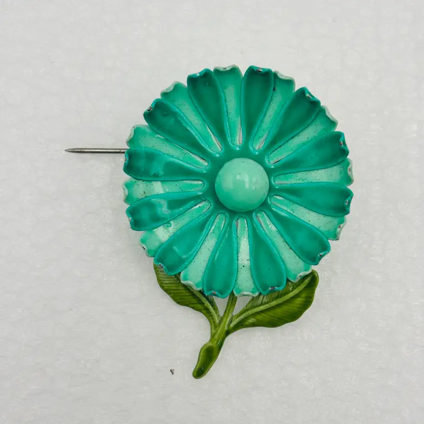 Vintage 60's Mod Green Enamel Daisy on Stem Flower Pin Brooch 2" Retro Spring