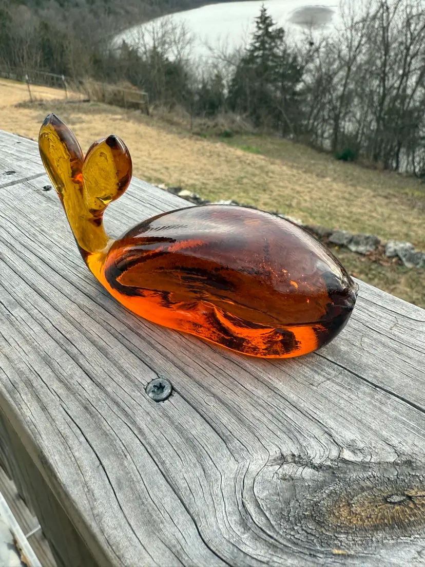 17 Vintage Pilgrim Glass Amber Whale Figurine - Hand-Blown WV Art Glass