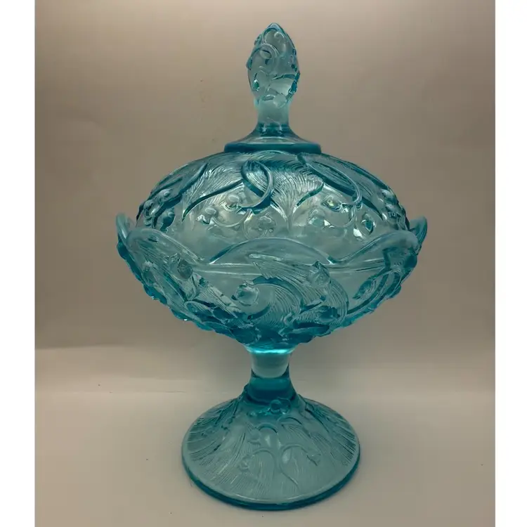 Fenton Aqua Blue Opalescent Lily Of The Valley Lidded Pedestal Candy Dish 9”