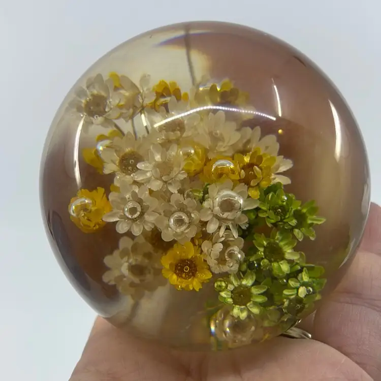 Dried Flower Groovy Lucite Paperweight 3”