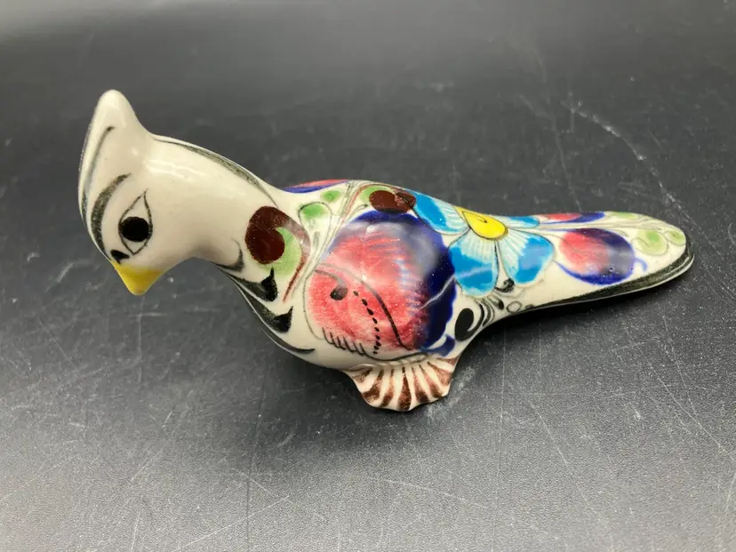 BIN - Vintage Colorful Tonala Bird Jay With Painted Florals Mexico 4.5”