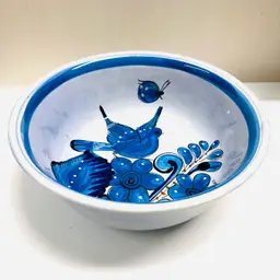 Vintage Mexican Folk Art Tonola Pottery Decorative Bowl Blue Bird and Butterfly Hand Painted Signed AS IS