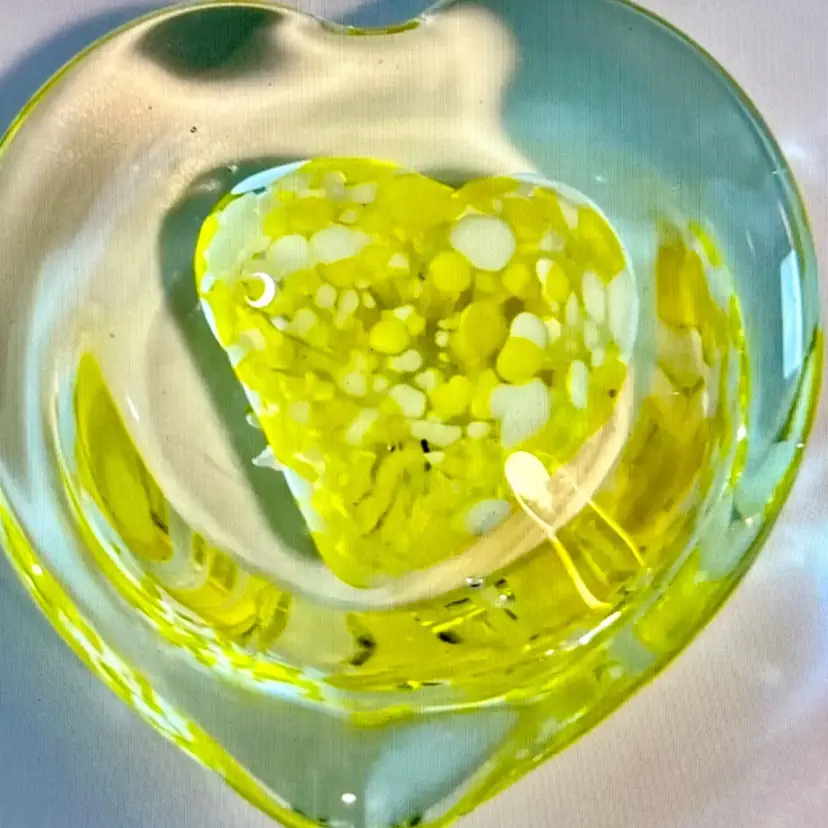 Vintage Heart Yellow & Clear Art Glass Handcrafted Paperweight, Unbranded