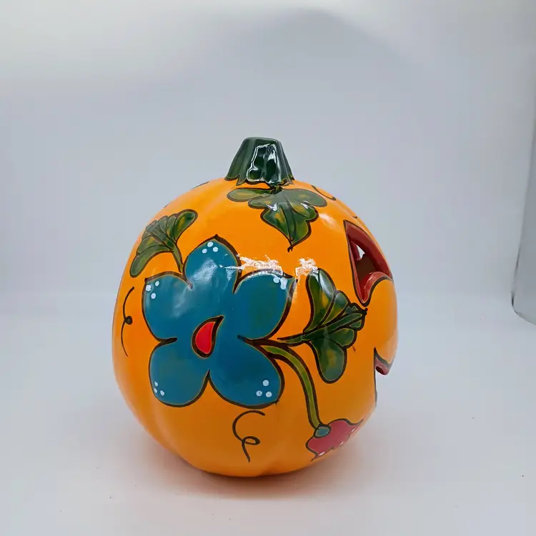 Talavera Mexican Folk Art Pottery Jack O' Lantern Carved Pumpkin Candle Holder.