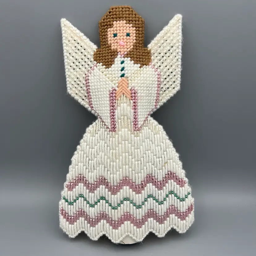 VTG Plastic Canvas Winged Angel Tree Topper Yarn 12” White Pink Green W/Blue Eye