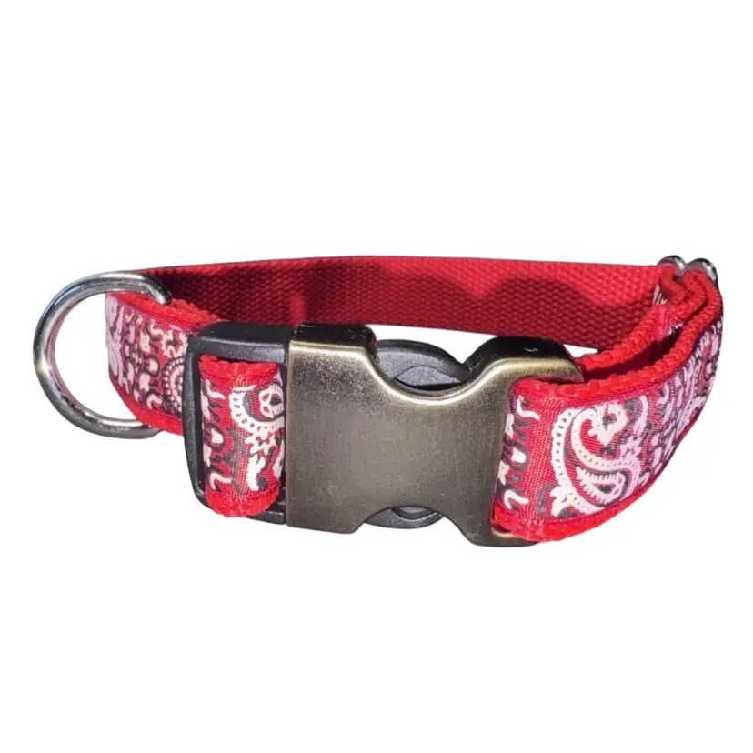 Dog Collar Red Paisley Bandana Print Large Handmade Heavy Duty W/Buckle NEW