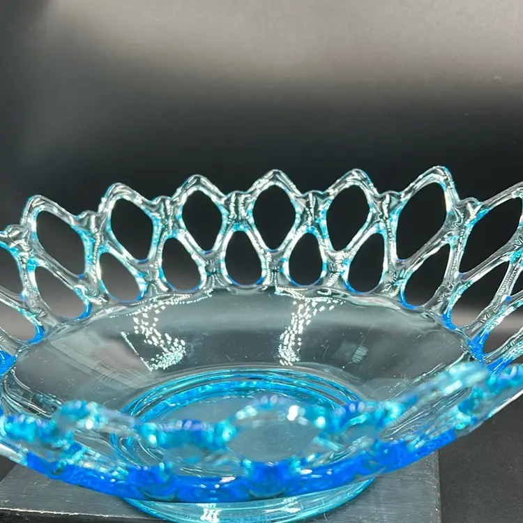 Brilliant Blue Vintage Westmoreland blue glass reticulated open lace edge bowl. 12” Across