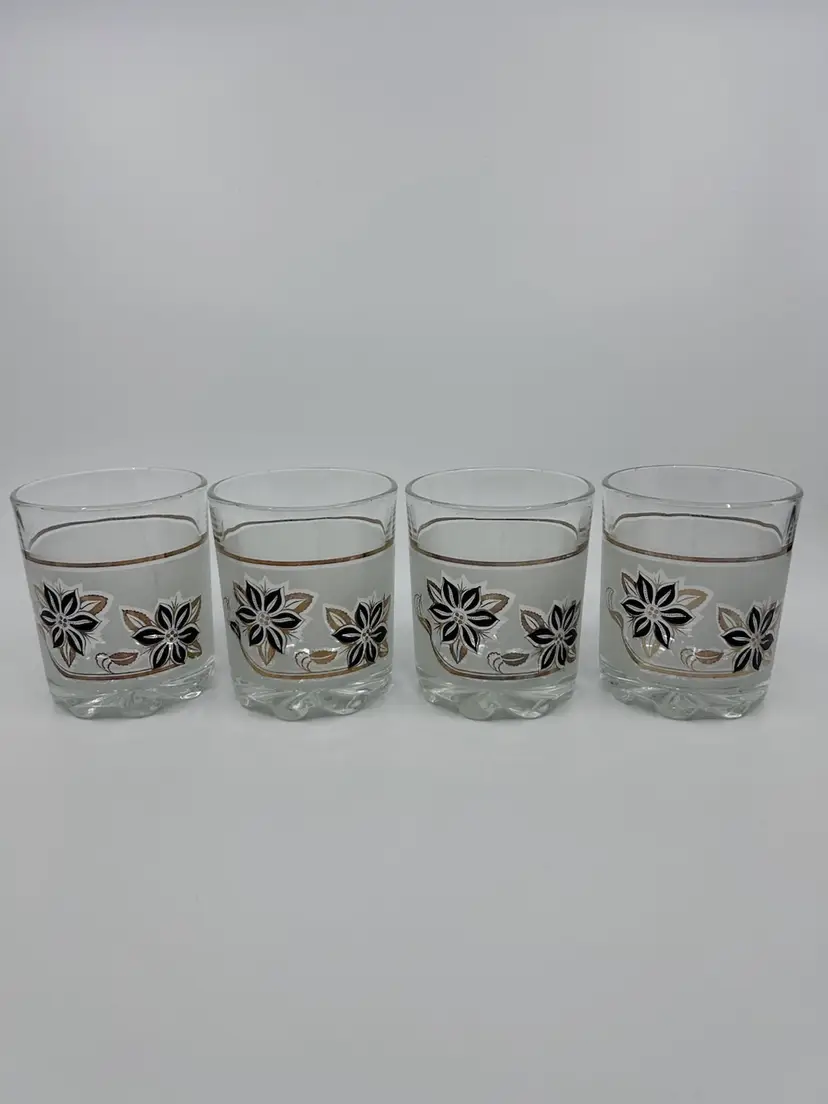 4 Vintage DeValBor Italy  Frosted Gold & Black Floral Glasses Barware