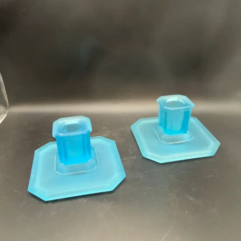 Pair Of Vintage Tiffin Blue Satin Glass Art Deco Candle Holders
