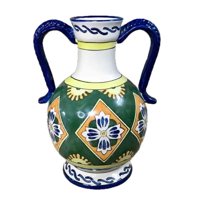 Vintage Hand Painted Urn Style Vase with Handles Boho Southwestern Folk Art