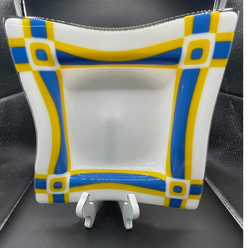 Yellow, Blue, And White Fused Glass Bowl