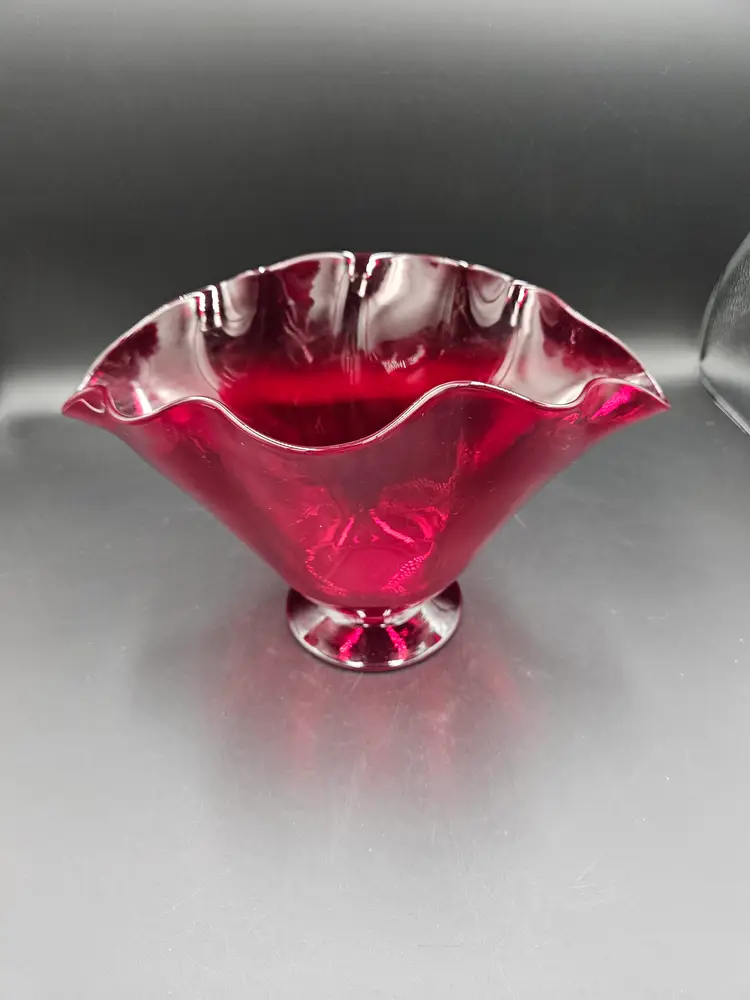 Red Hand Blown Ruffled Footed Vase