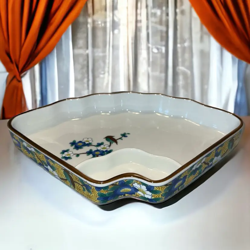 Vintage Floral Japanese Pottery SASHIMI Gold Trim Plate Dish Partitioned Sauce