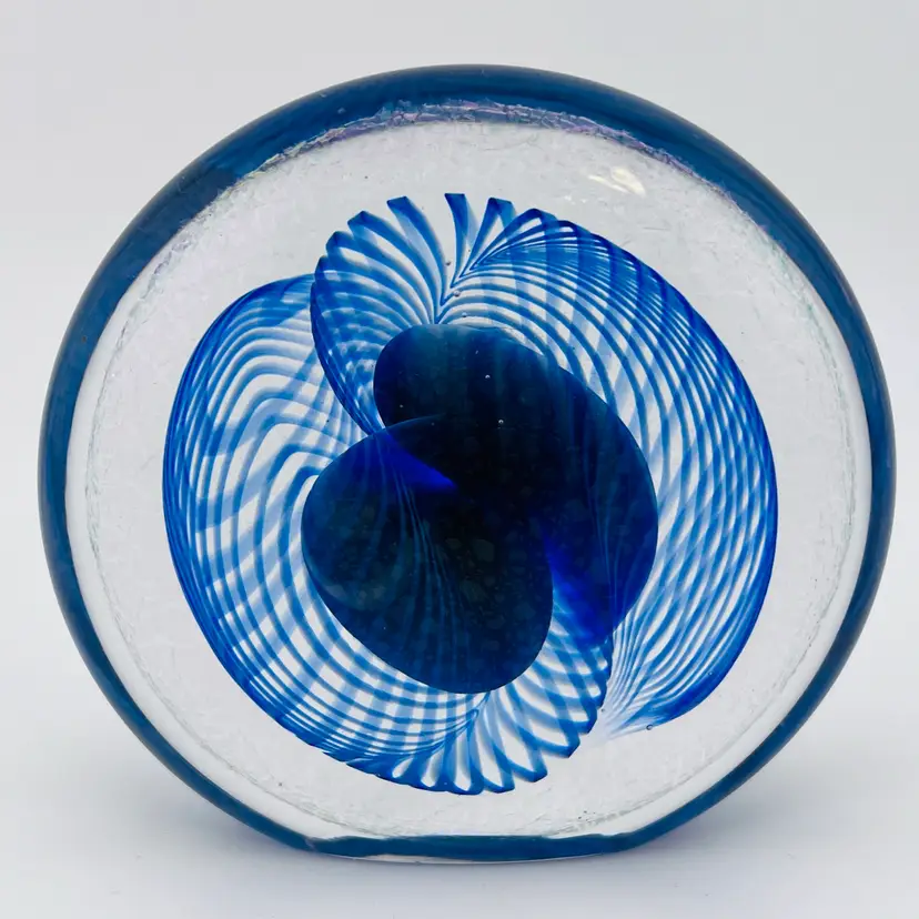 Robert Eickholt Dichroic And Blue Ribbon Disc Paperweight 3.5” GLOW