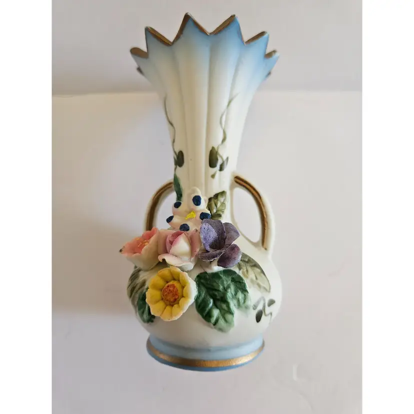 #01 - Vintage Arnart Bisque Roses Relief Capodimonte Style 1970's Vase with Handles, 4.5 " tall