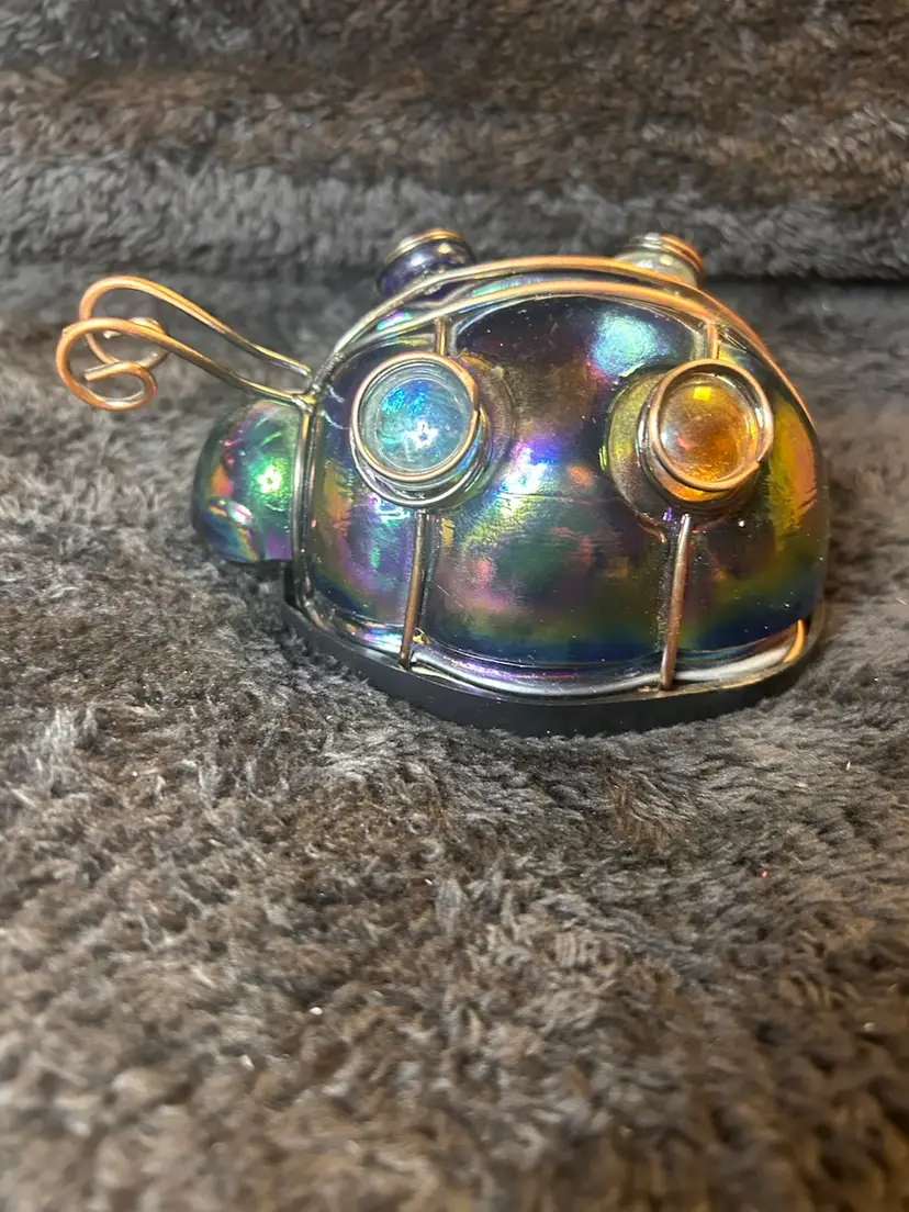 Iridescent Purple And Green Glass Ladybug With Marble And Brass Accents