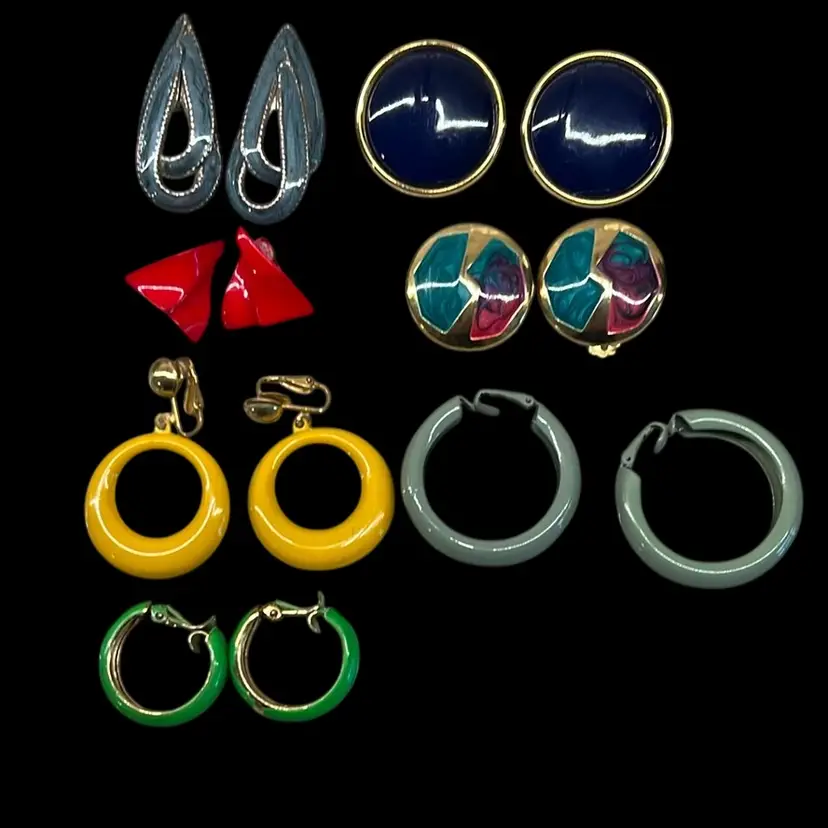 Vintage Retro Metal Enamel Clip Earring Lot #2  (7pcs)