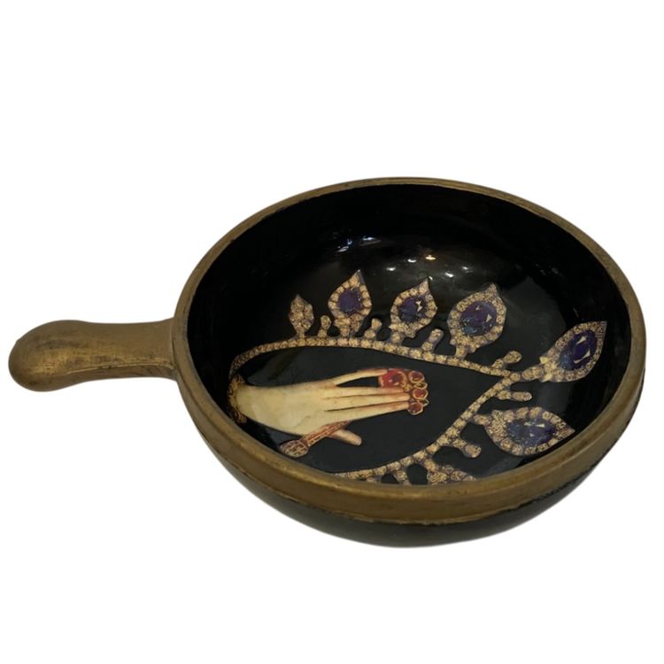 Unique Decorative Hand Painted And Decoupaged Gold And Black Ceramic Bowl Signed