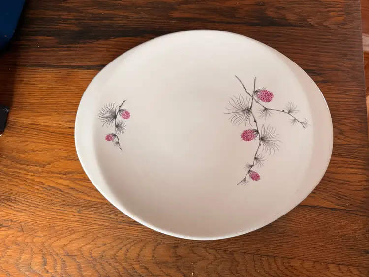 Vintage Canonsburg Wild Clover Oval Serving Platter – Pink Pinecones & Gray Needles – Mid Century Modern 14x12 Coupe Platter USA
