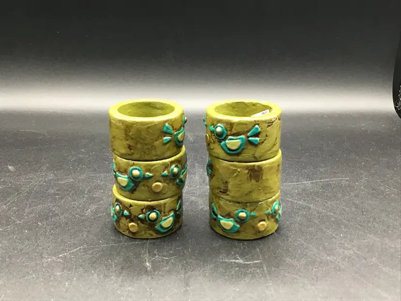 1652-Vintage Fitz And Floyd Papier-Mâché Napkin Rings, MCM, Blue Birds