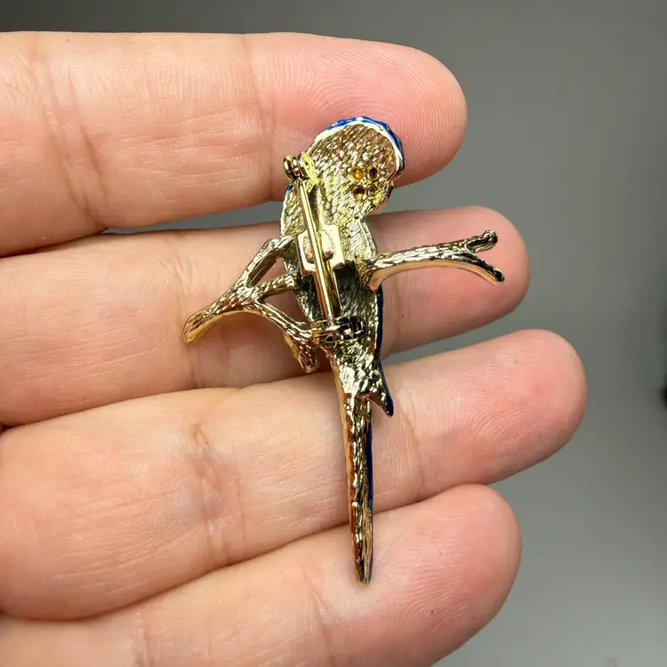 Vintage Blue Enamel & Rhinestone Parrot Macaw Bird Brooch Gold Tone