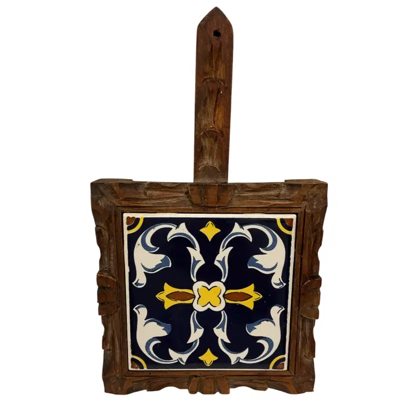 Mexican Blue, Yellow & White Trivet Set In Hand-carved Wooden Frame