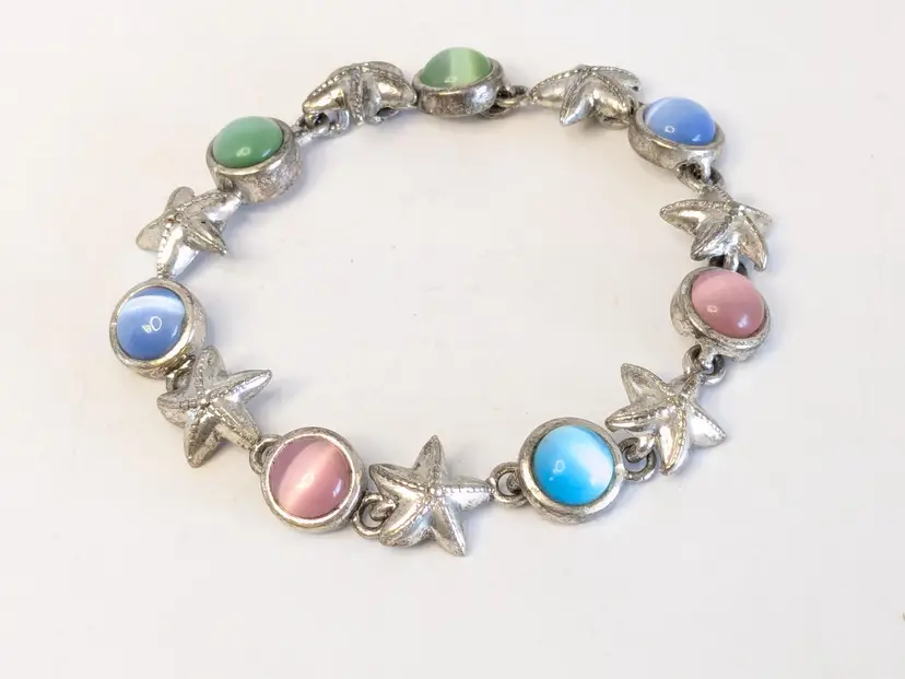 Starfish and Pastel Cabochons Silver Tone Bracelet Beach Jewelry