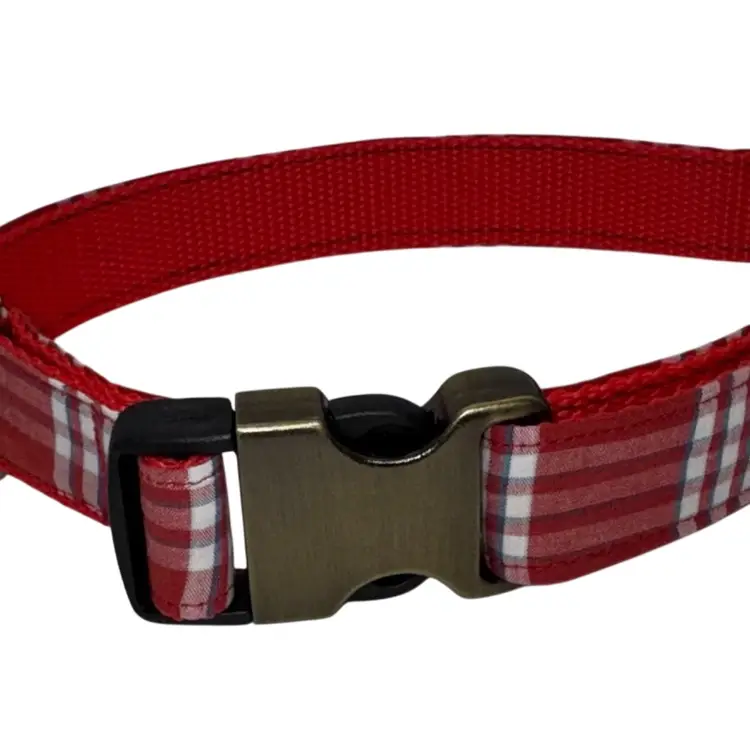Dog Collar Red Plaid Upcycled Large Handmade Heavy Duty NEW