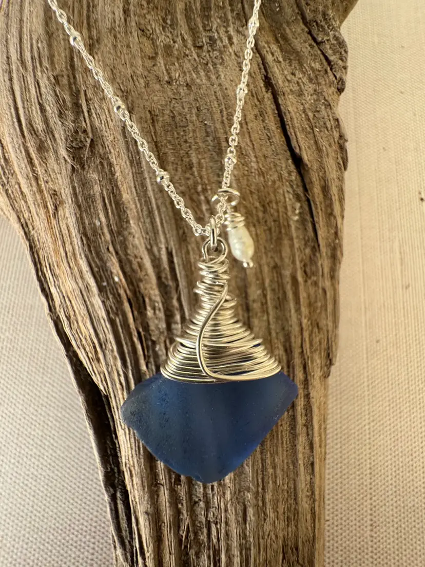 Corn Flower Blue Sea Glass Necklace |Sterling SilverHandmade|Pearl Drop #97