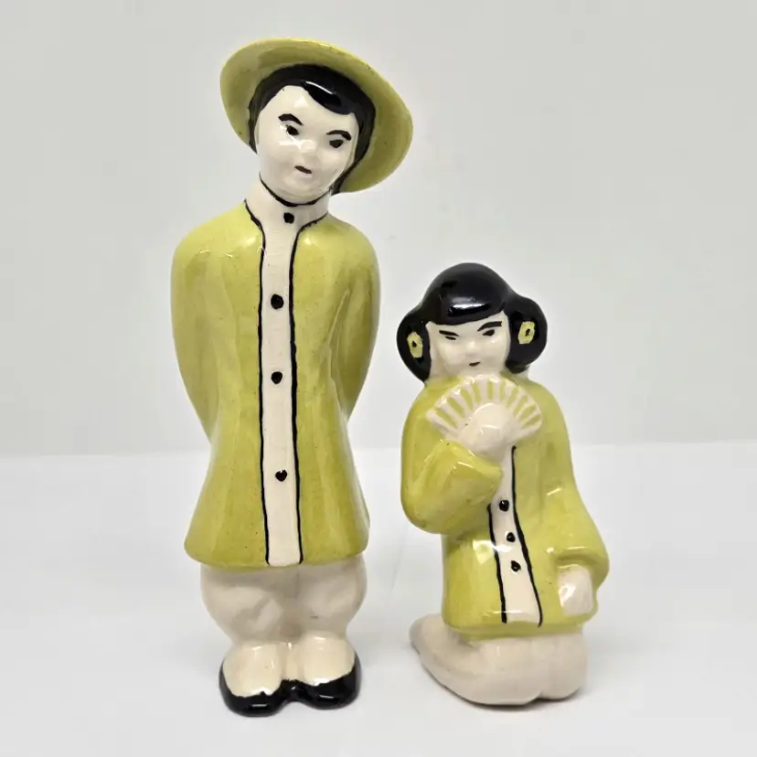Hand Painted Vintage Chinese Man and Geisha Woman Ceramic Figurines, Yellow, 1957