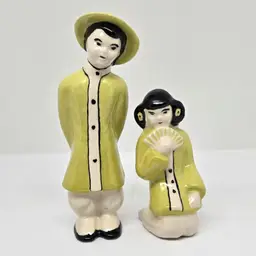 Hand Painted Vintage Chinese Man and Geisha Woman Ceramic Figurines, Yellow, 1957