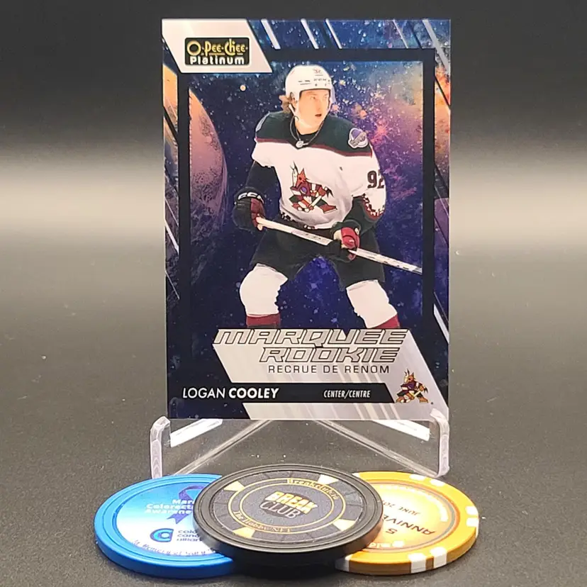 Logan Cooley Rookie 2023-24 Upper Deck O-Pee-Chee Platinum Cosmic Parallel Numbered 60/65 Card #202 - Arizona Coyotes Hockey Card