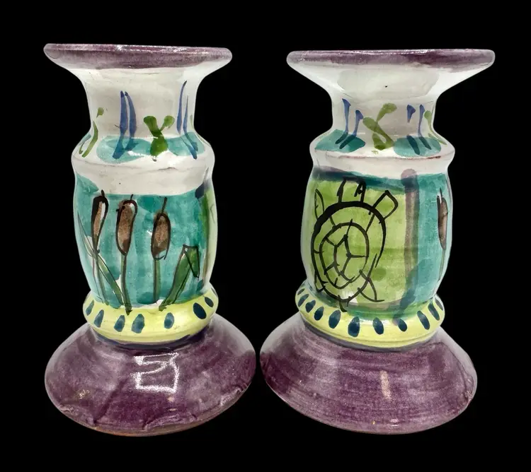🎄For the Turtle Lover🎄 Pottery Candlesticks, Trinket Jar, Glass Paperweight