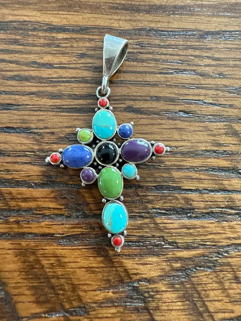 Multi Stone Sterling Silver Cross Pendant - SE 925