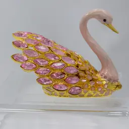 #1796 Enameled Pink Bejeweled Swan Trinket Box Hinged Lid w gold Tone Finish