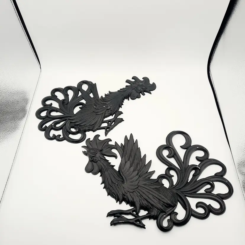 Vintage Iron Metal Roosters Japan Set Of 2 Wall Hanging Decor