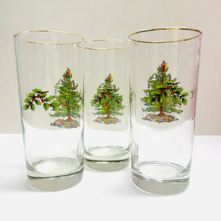 A Trio Vintage Spode Christmas Tree Highball Drinking Glasses Drinkware Barware Glassware