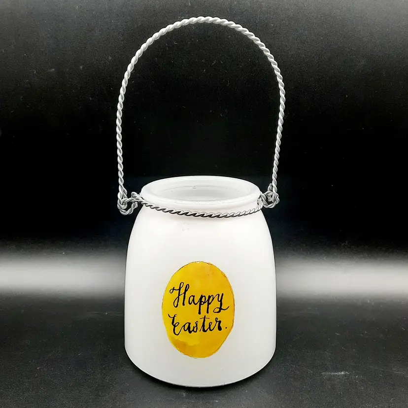 Rae Dunn Happy Easter White Yellow Handled Lantern Luminary Jar