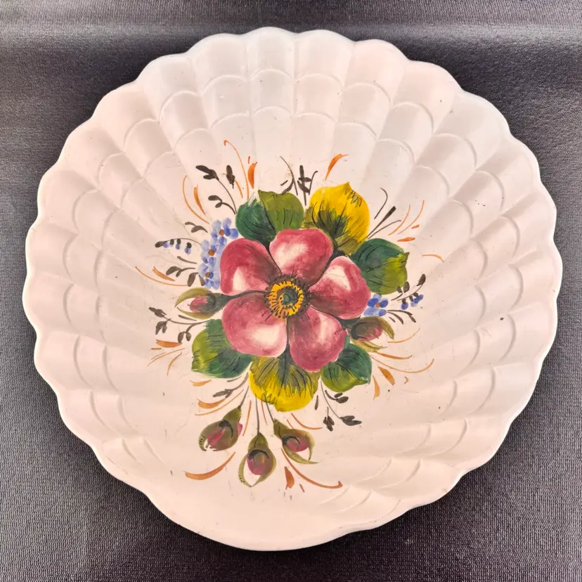 Vintage Italian Pottery Large Scalloped Edge Bowl Hand Painted Florals Italy