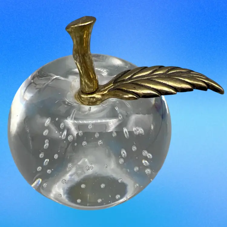 Vintage Glass Apple Paperweight Clear with Controlled Bubbles Brass Leaf Stem