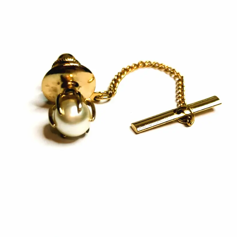 Vintage Gold Tone Faux Pearl Tie Tack Pin With Chain