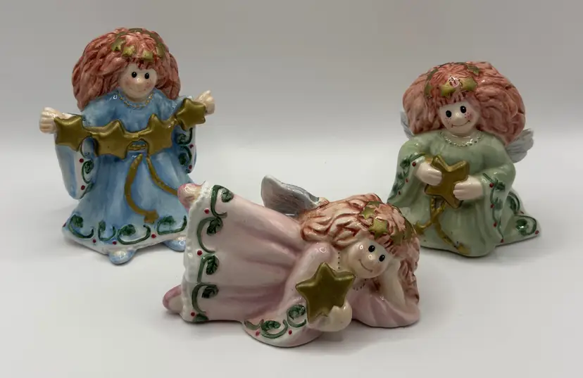 Vintage 2003 Christmas Angel Figurines Set of 3, Hand-Painted, Pastel Colors, By Fitz And Floyd, Made In China