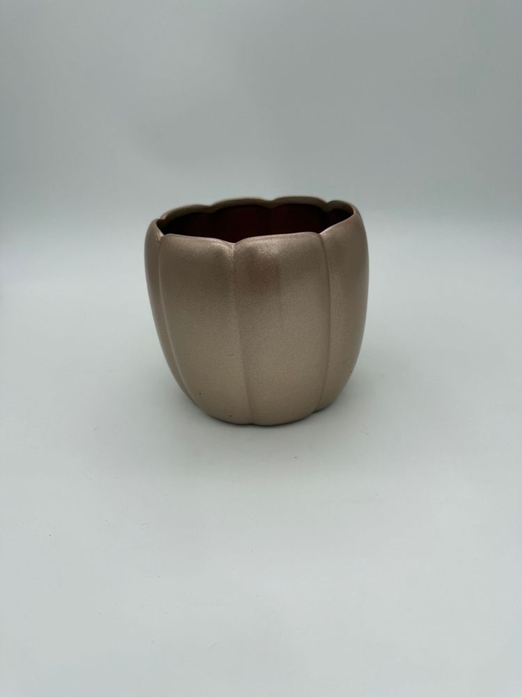 Decorative Fall Harvest Pumpkin-Shaped Planter Ceramic Metallic Rose Gold 5.5” T