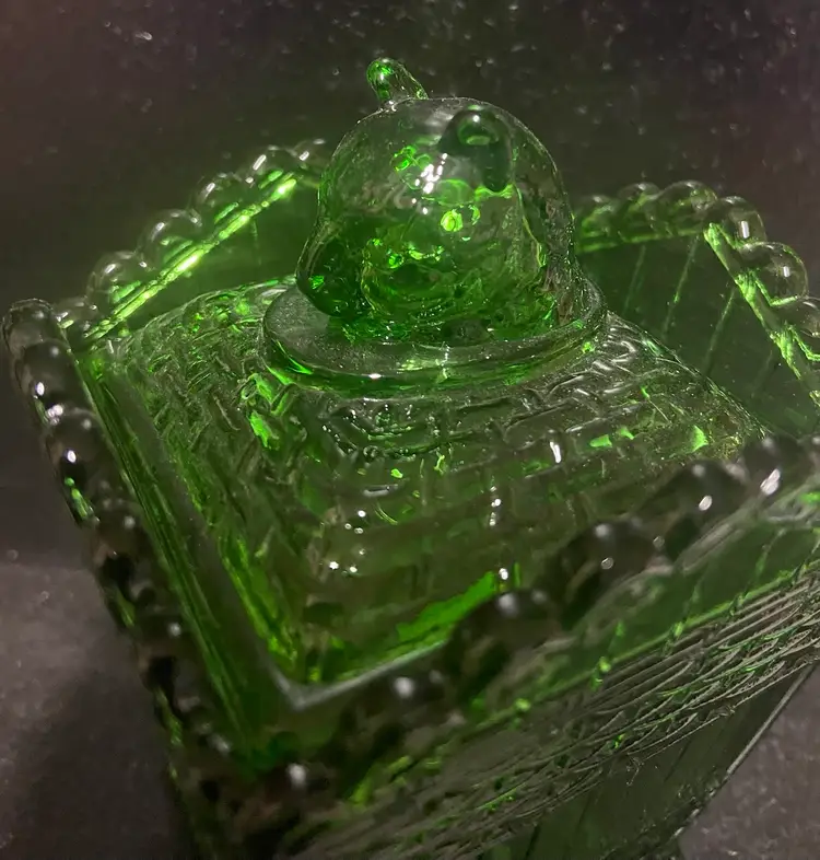 Greentown/Summit Glass Company Green “Cat In Hamper” Covered Dish