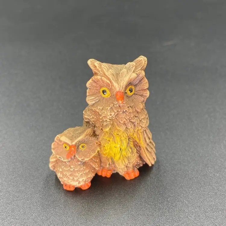 Miniature Mother Baby Owl Owlet Birds Resin Figurine Fall Halloween Vintage