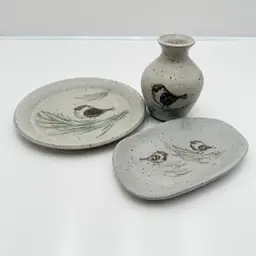 Collection Of Signed Best Chickadee Art Pottery Including Vase, Plate, And Tray