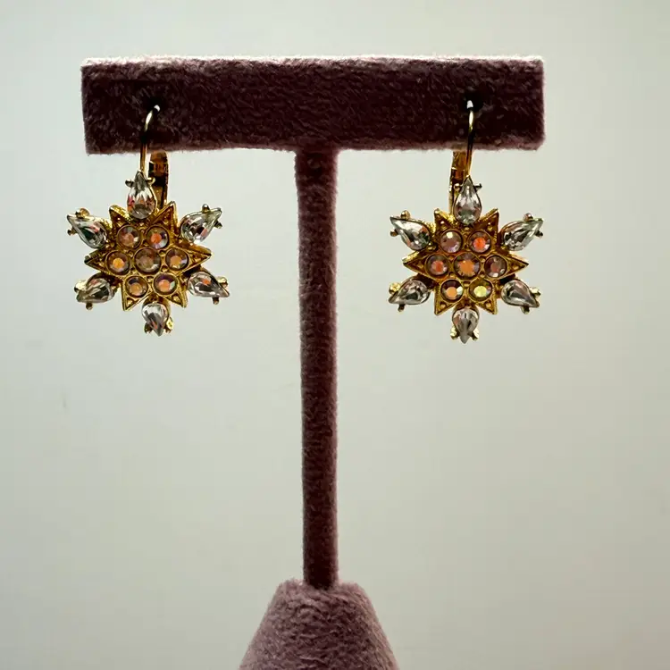 Kirks Folly Star Snowflake AB Aurora Borealis Rhinestone Crystal Earrings Gold