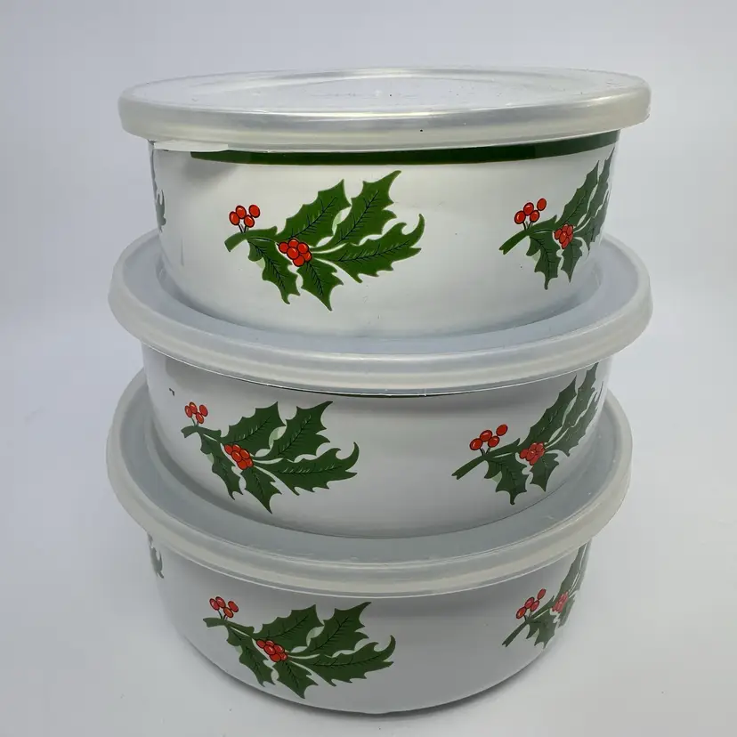 Holly and Berries Enamelware Storage Containers Set/3