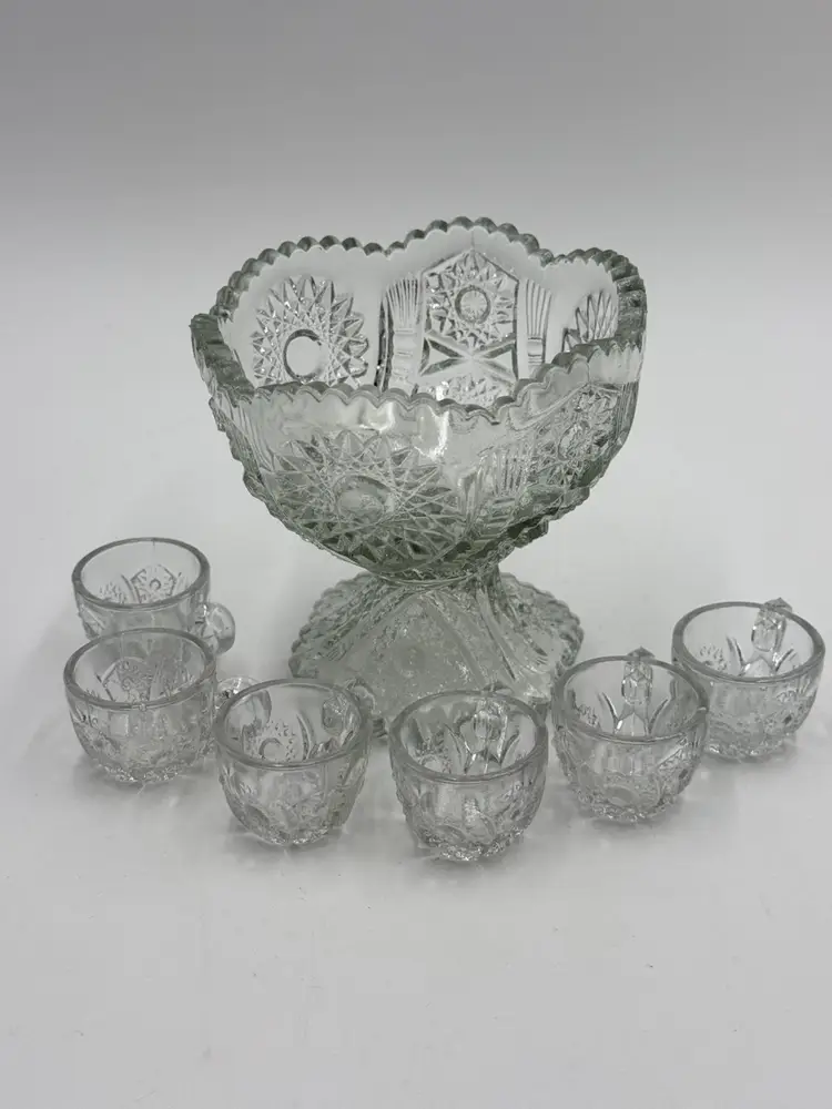 Antique Glass Childs Toy Mini Punch Bowl And 6 Cups EAPG Yoked Daisy Wheat
